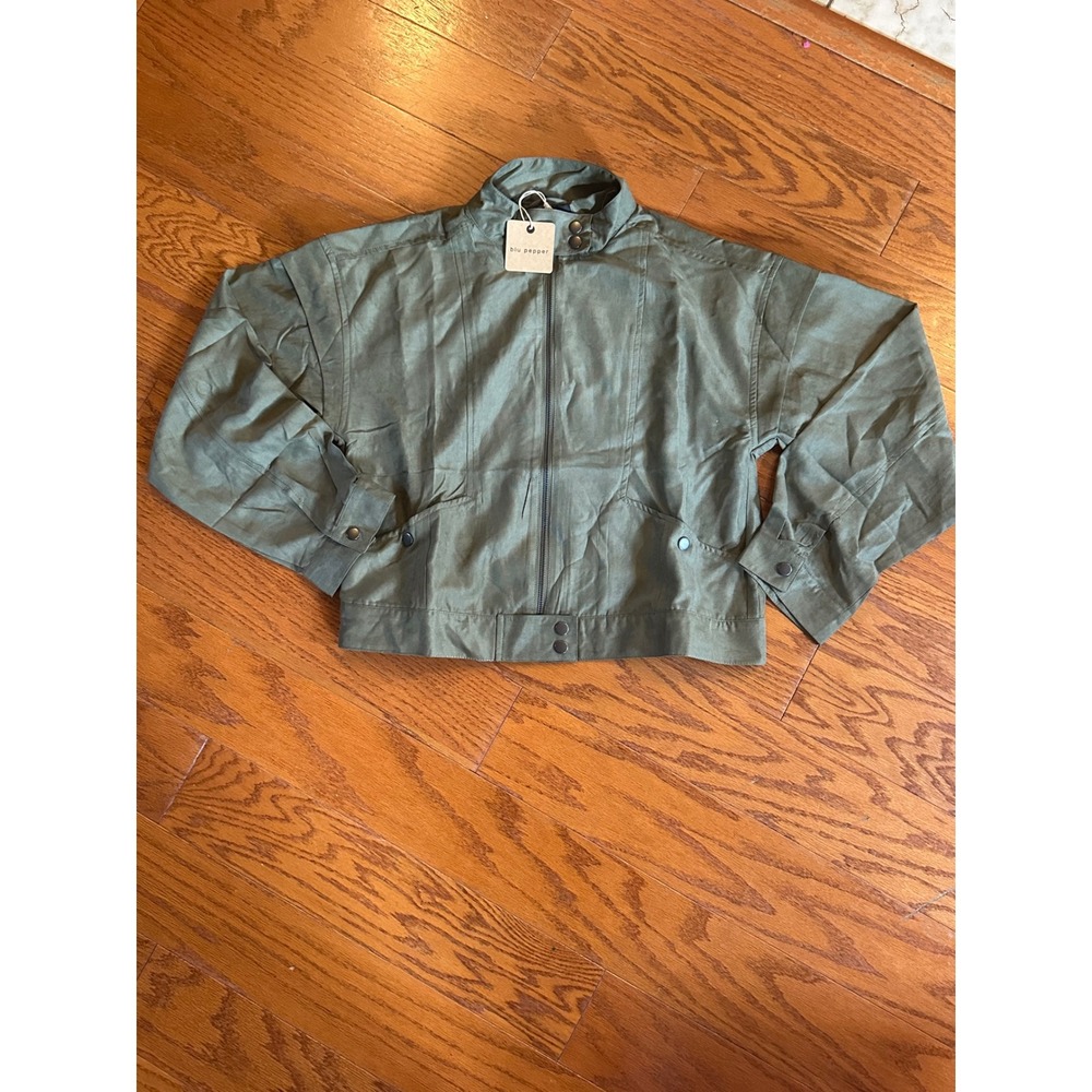 Blu Pepper Olive Green Mock Neck Full Zip Bomber Jacket Women Utility Coat NWT